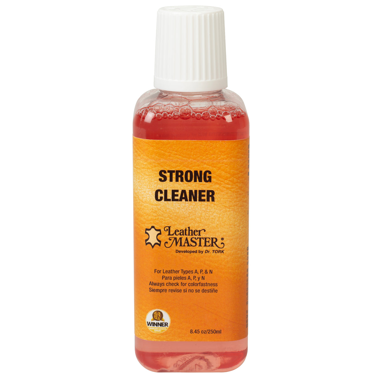 Bottle of Leather Master Strong Cleaner on a white background