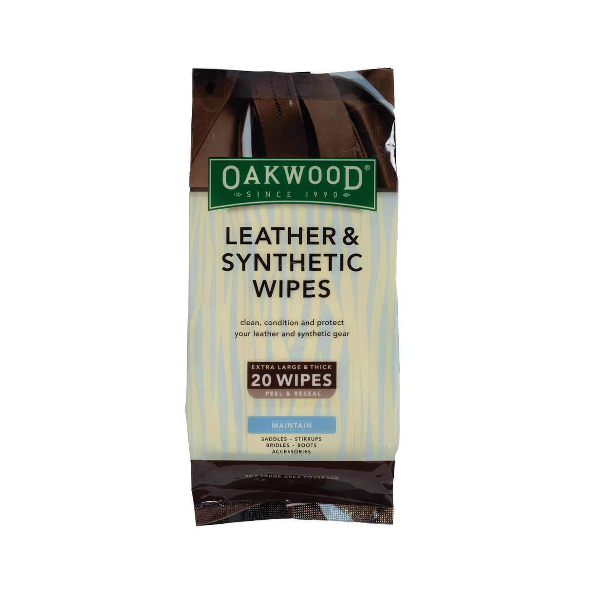 Pack of Oakwood® Leather Wipes for cleaning and conditioning leather tack, furniture, purses, boots, and more. front