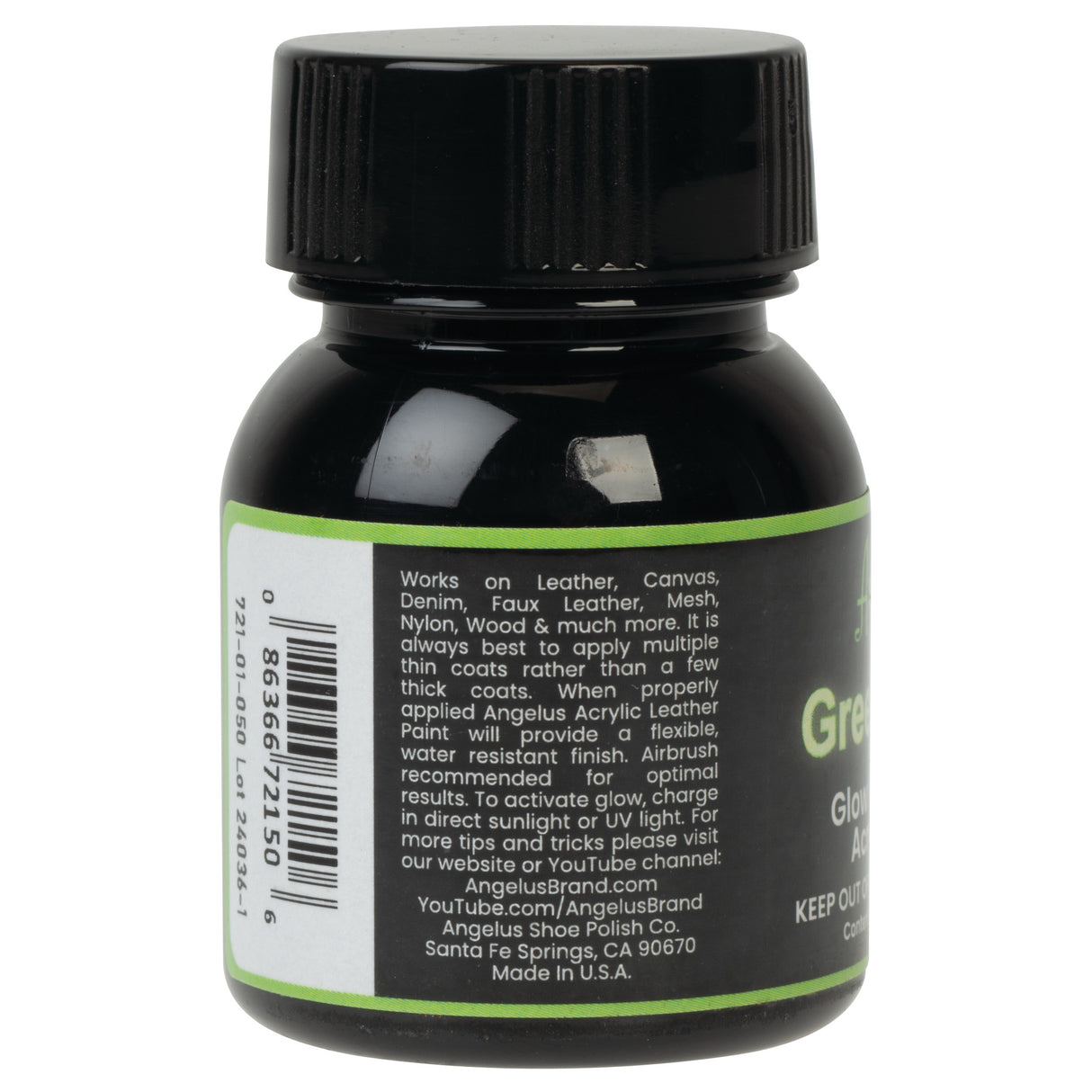 Angelus Glow in the Dark Paint, Green Glow, 1oz, Side