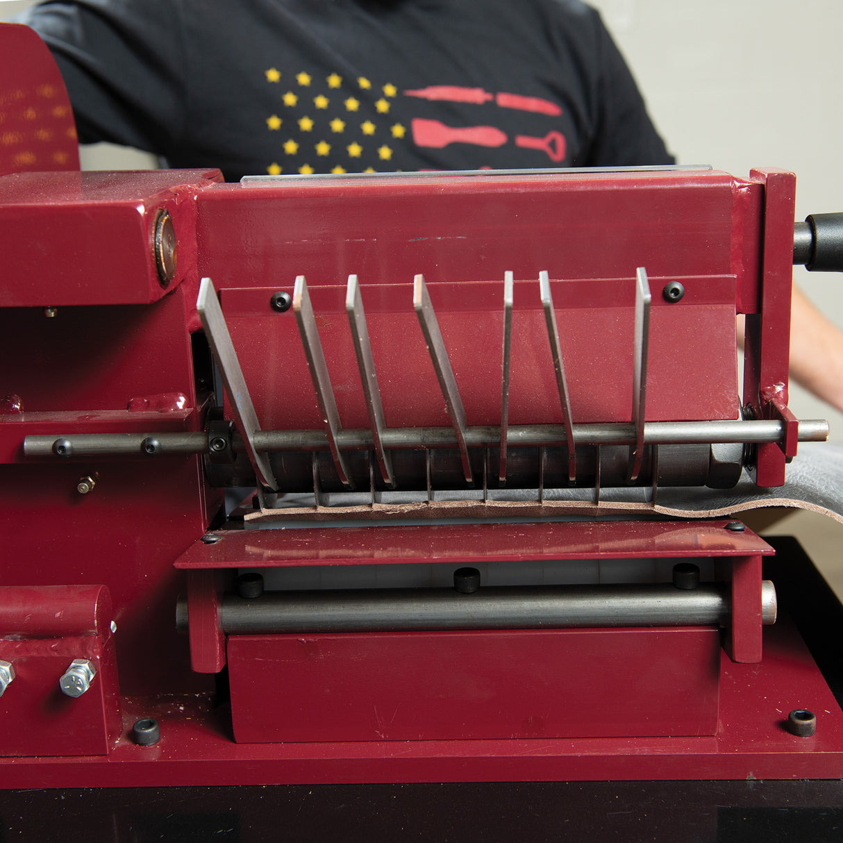 Master Tool Hand-Operated Strap Cutter, in use back, up close