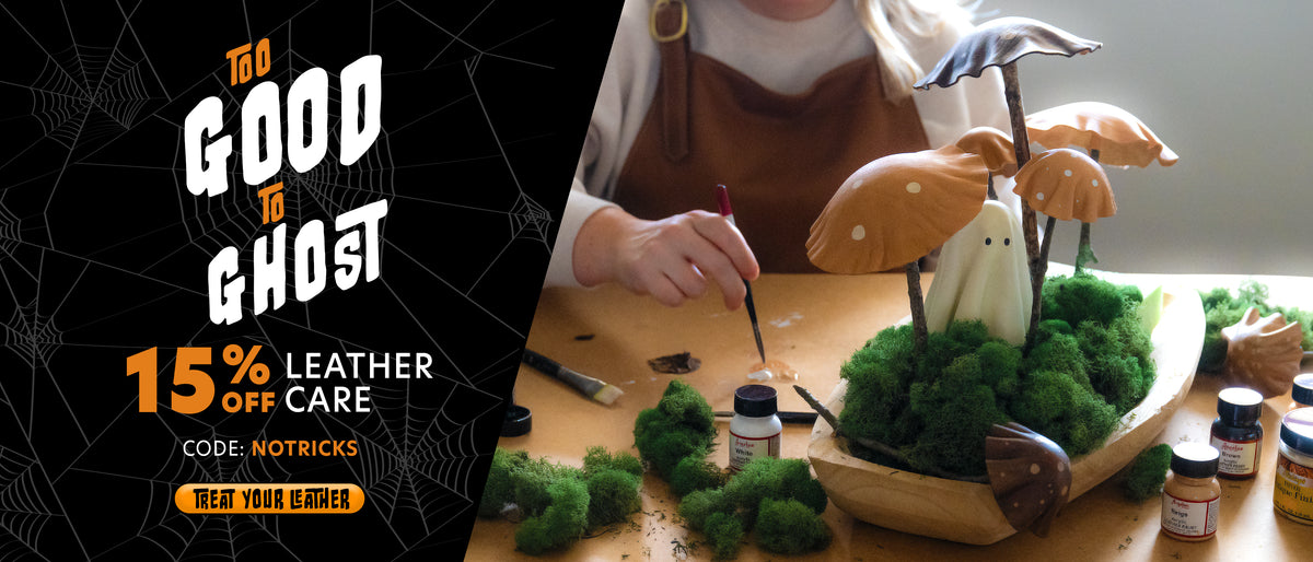 Halloween sale: 15% off leather care with code NOTRICKS, featuring handcrafted leather mushrooms and a ghost.