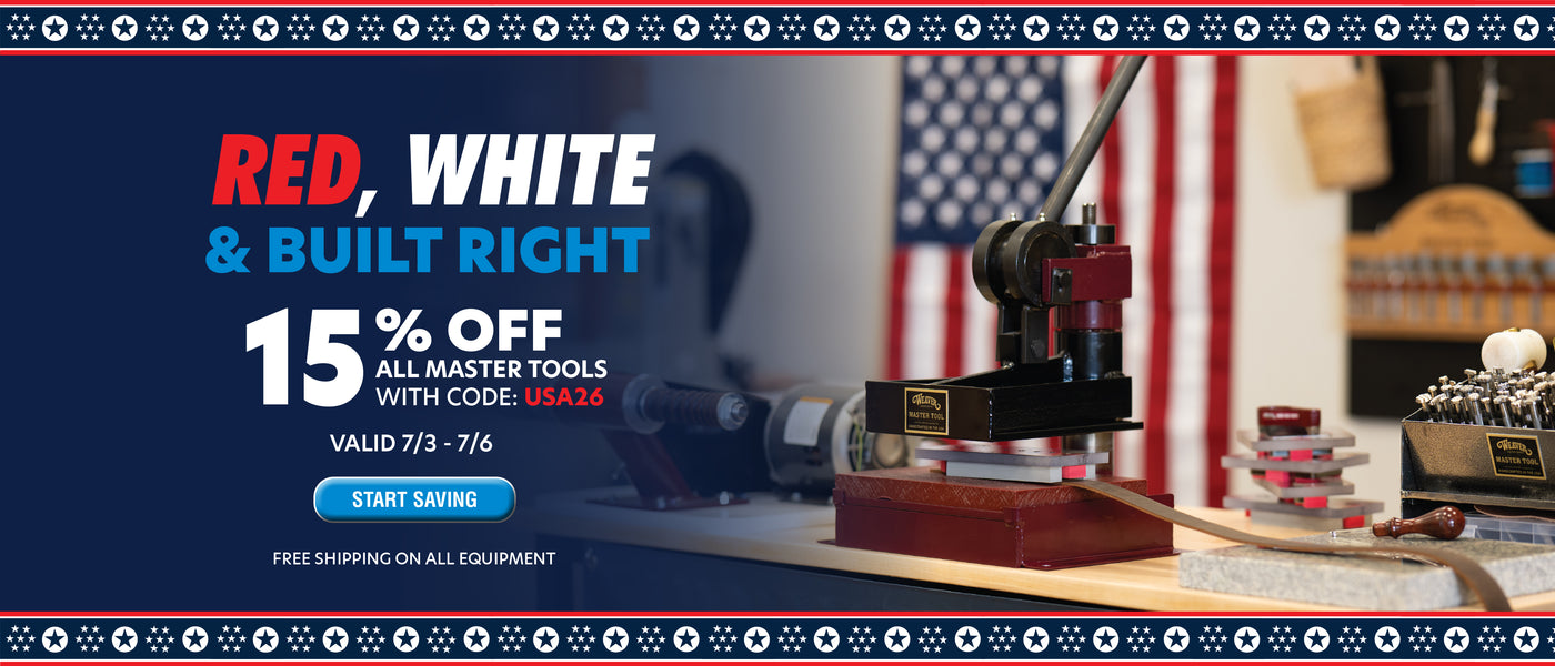 Red, White & Built Right banner promoting 15% off Weaver Master Tools with code USA26, featuring leatherworking equipment and a patriotic background.