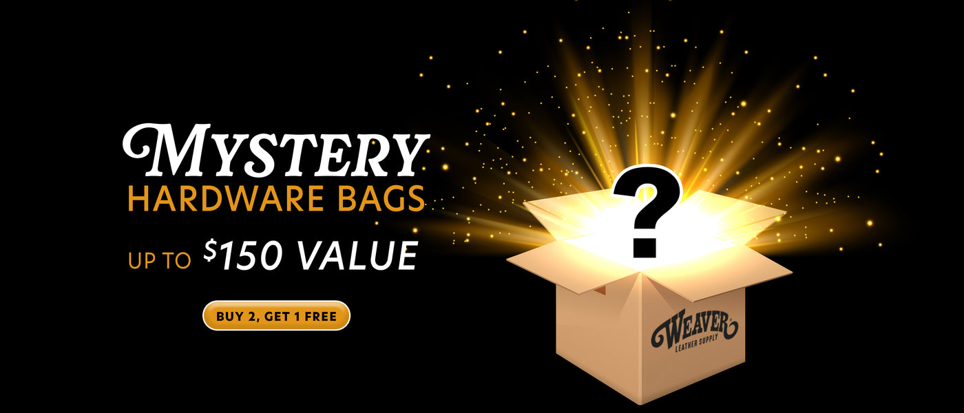 Mystery Hardware Bags promotion with a glowing open Weaver Leather Supply box, question mark, and text reading “Up to $150 value” and “Buy 2, Get 1 Free.”