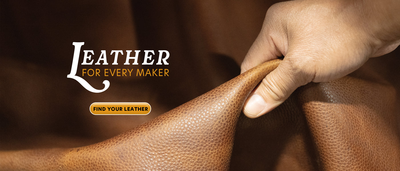 A hand pinching textured brown leather beside “Leather for Every Maker” text and a “Find Your Leather” button.