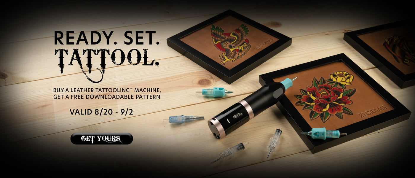 Leather Tattooling Machine with framed floral and eagle leather artwork, promoting a free downloadable pattern with purchase.