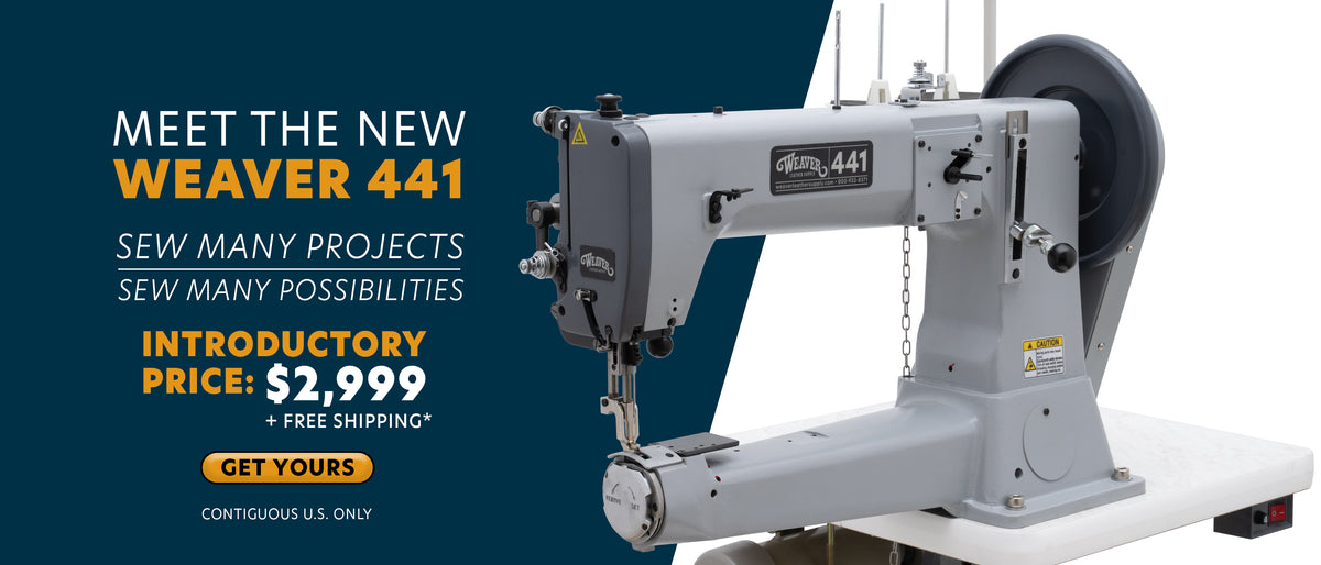 Weaver 441 industrial sewing machine promotional banner featuring introductory pricing of $2,999 with free shipping.