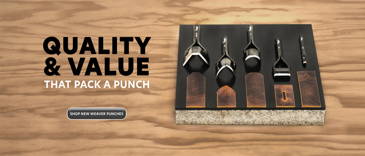 Weaver leather punches with leather samples displayed on a workbench, highlighting quality and value.