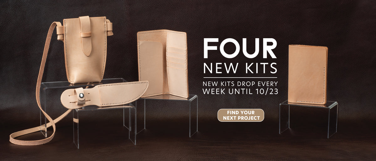 Four new natural leathercraft kits, including a crossbody bag, knife sheath, wallet and journal cover.
