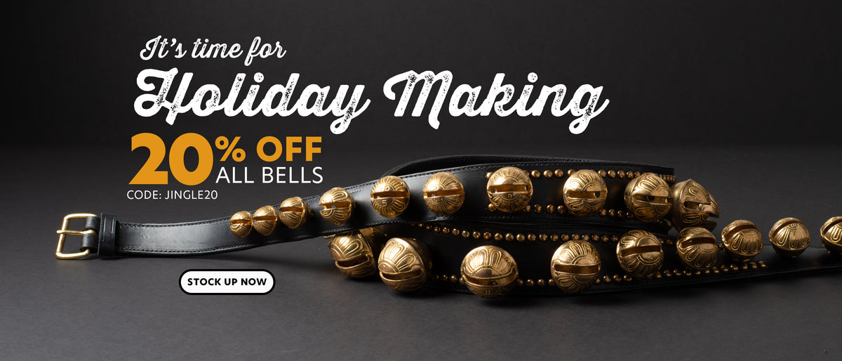 Holiday Making sale featuring black leather belts with brass bells, 20% off all bells with code JINGLE20.
