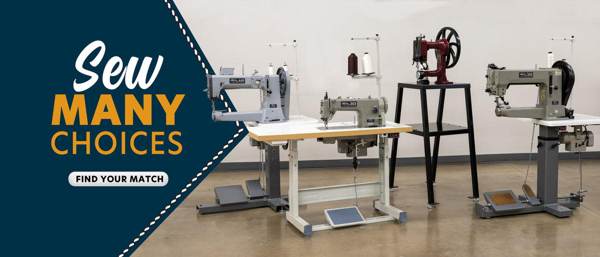 Several industrial sewing machines displayed beside a “Sew Many Choices” banner with a “Find Your Match” callout.