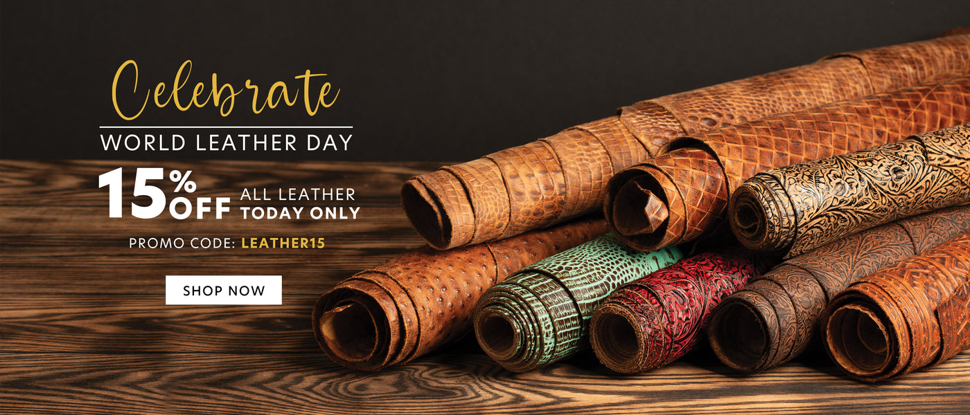 World Leather Day sale banner featuring rolled patterned leather hides