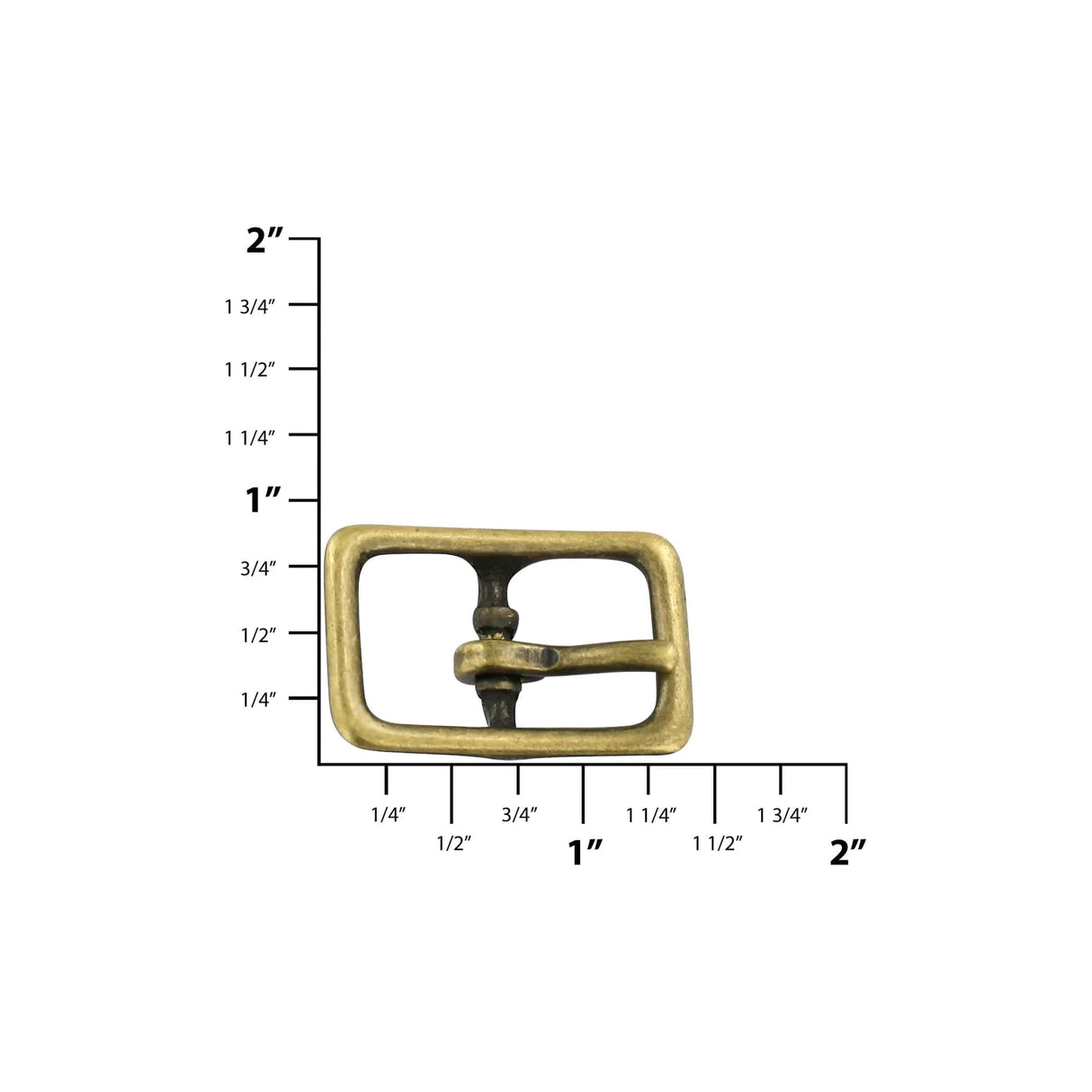 5/8" Antique Brass, Center Bar Buckle, Solid Brass with dimensions