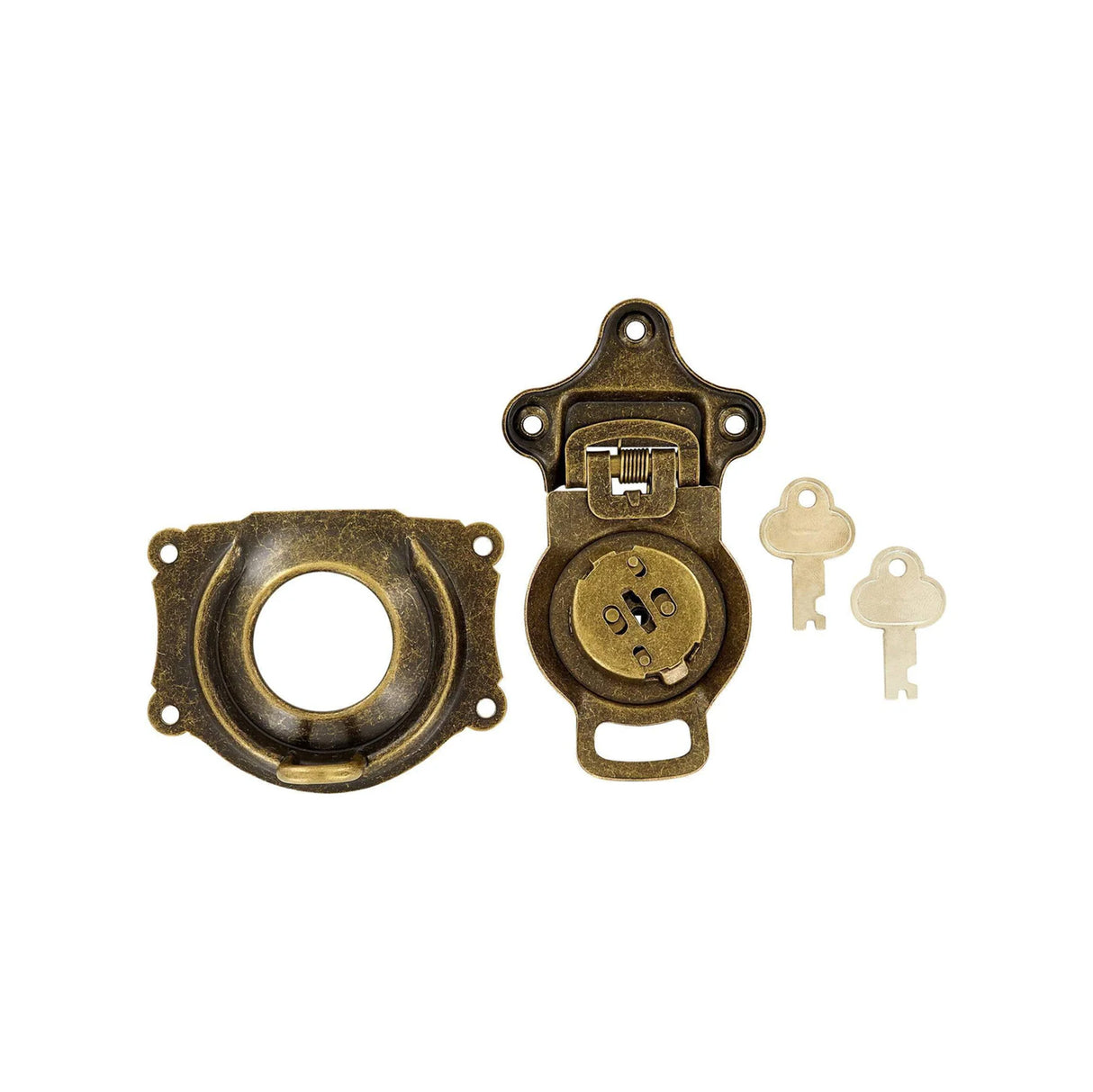 3 1/2" Antique Brass, Large Trunk Lock w/ Spring, Steel