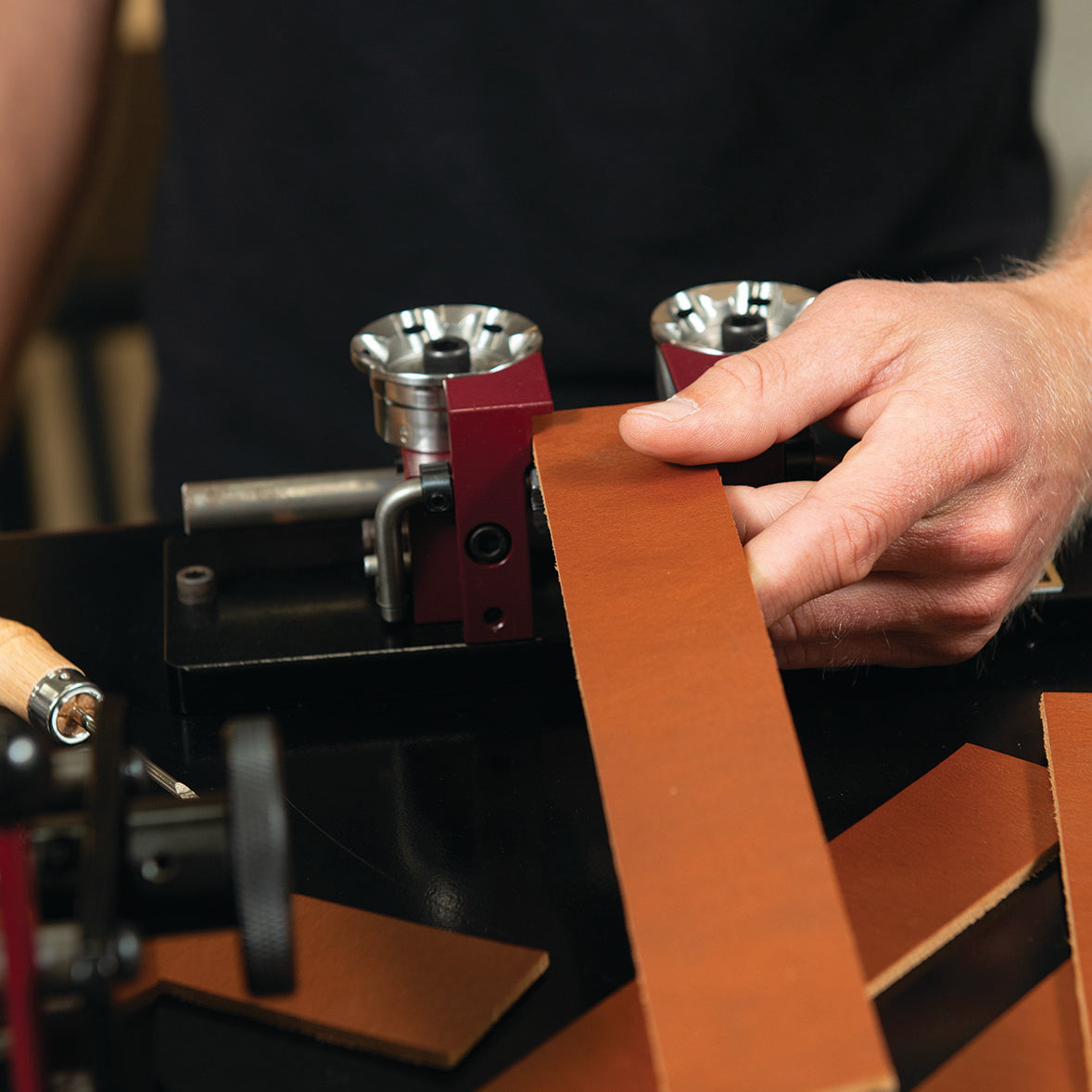 Master Tool EZ Edge Strap Beveler, in use