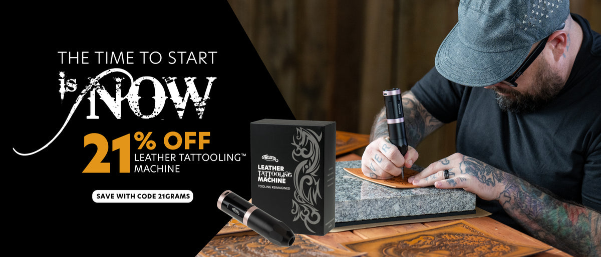 Leathercrafter using Weaver’s Leather Tattooling Machine to create a design on leather. Save 21% with code 21GRAMS.
