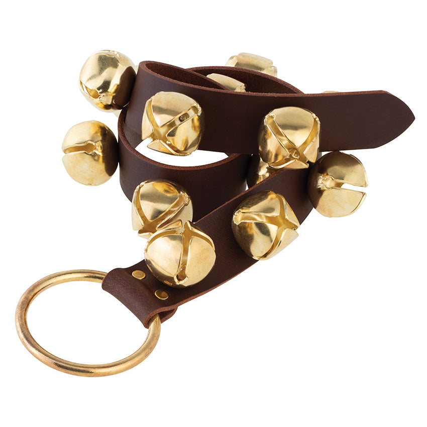 32 Brown, Antique Brass Sleigh Bells on Strap, Leather, #C-2128