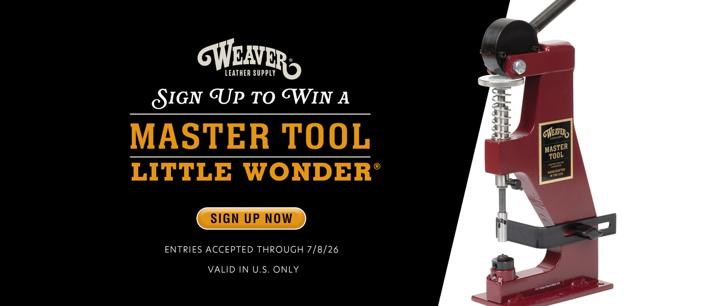 Weaver Leather Supply giveaway banner inviting users to sign up to win a Master Tool Little Wonder, with a red hand press tool shown on the right and entry details on a black background.