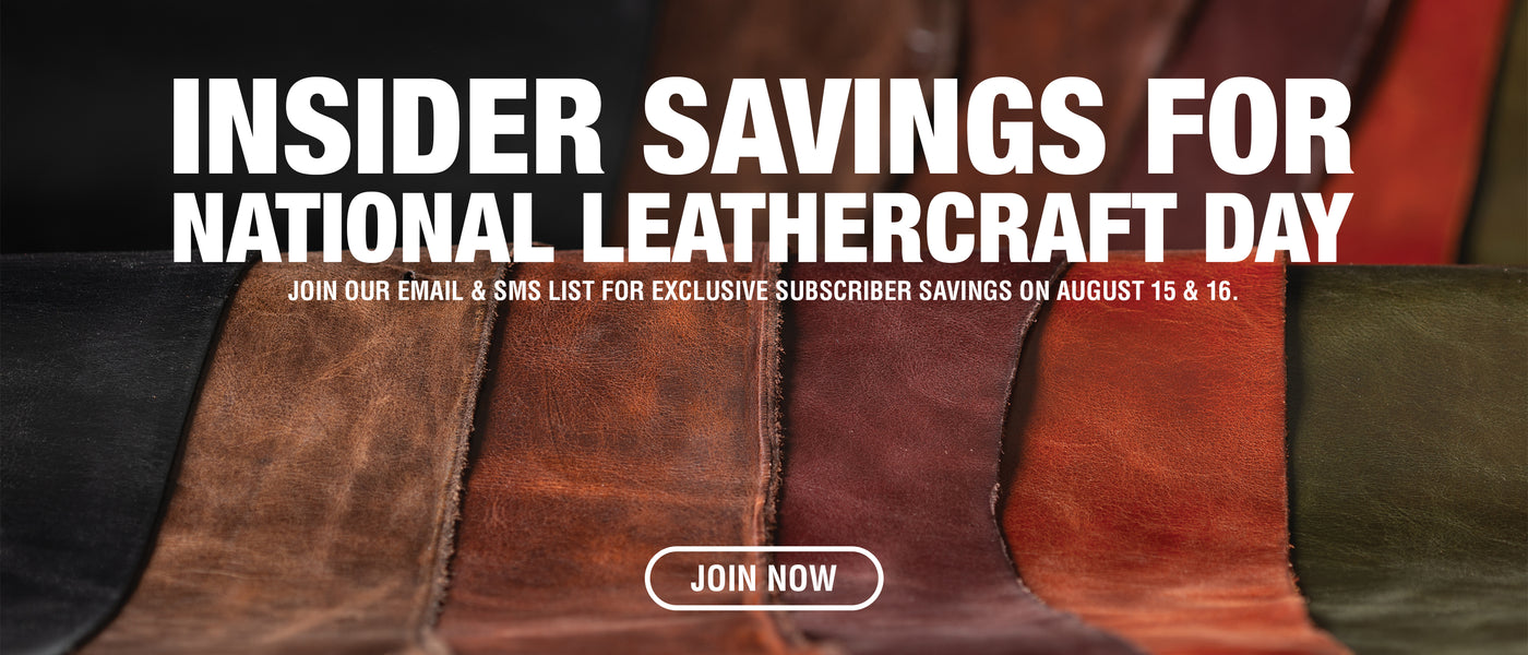 National Leathercraft Day insider savings promotion featuring assorted leather swatches, available August 15–16.