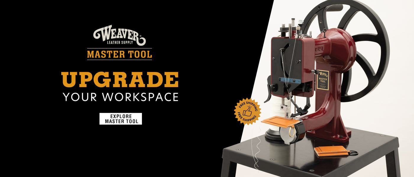 Weaver Leather Supply Master Tool upgrade your workspace promotion featuring a Cub sewing machine on a worktable with leather sample pieces and free shipping badge.