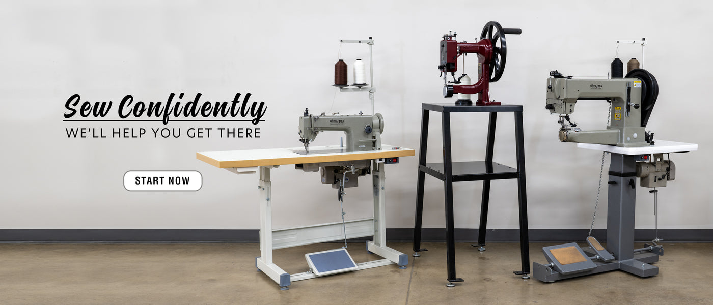 Sew Confidently banner featuring Weaver leather sewing machines