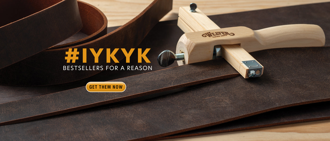 Leather straps and strap cutter with text reading “#IYKYK Bestsellers for a Reason” and a “Get Them Now” button