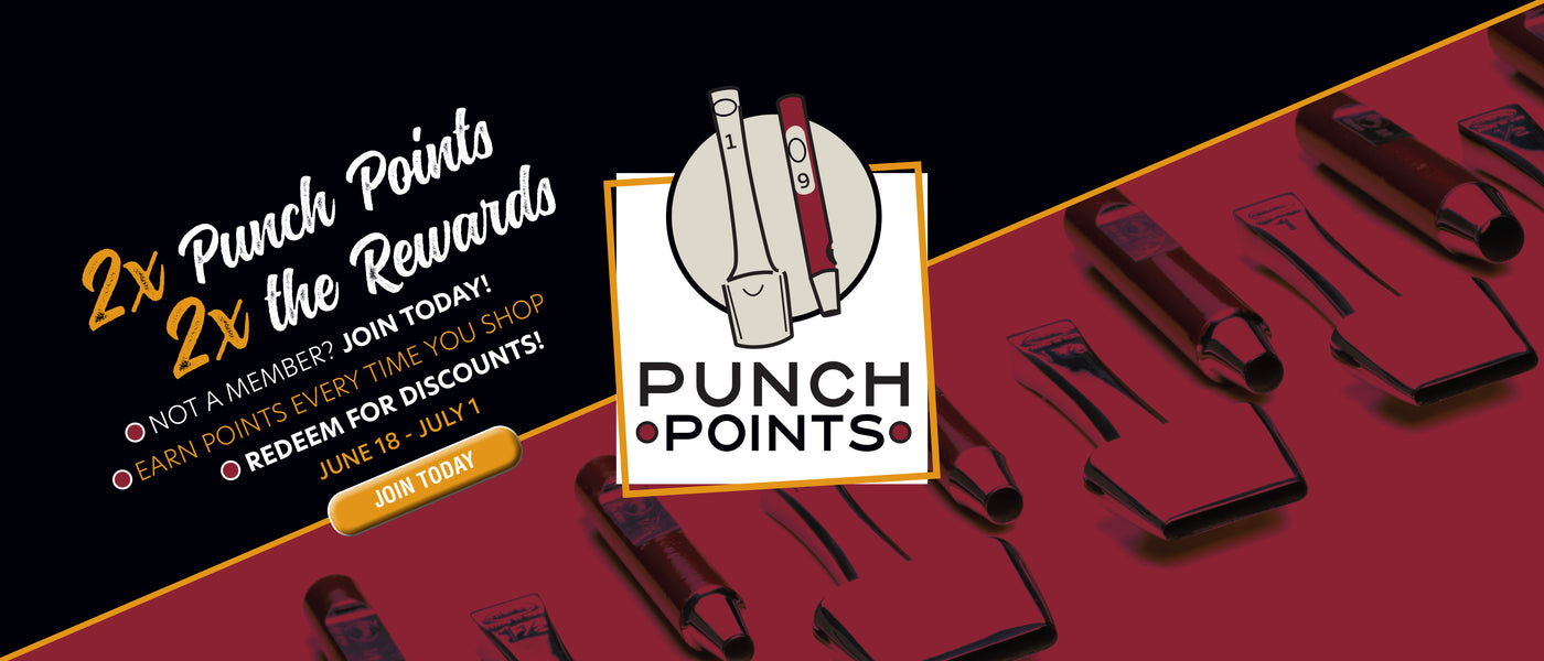 Punch Points rewards promotion banner advertising 2x punch points, membership signup, and redeemable discounts from June 18 to July 1, with leather tools in the background.