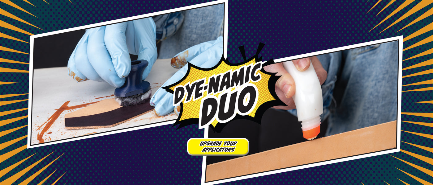 Dye-Namic Duo wool dauber and roll-on applicator applying dye to leather.