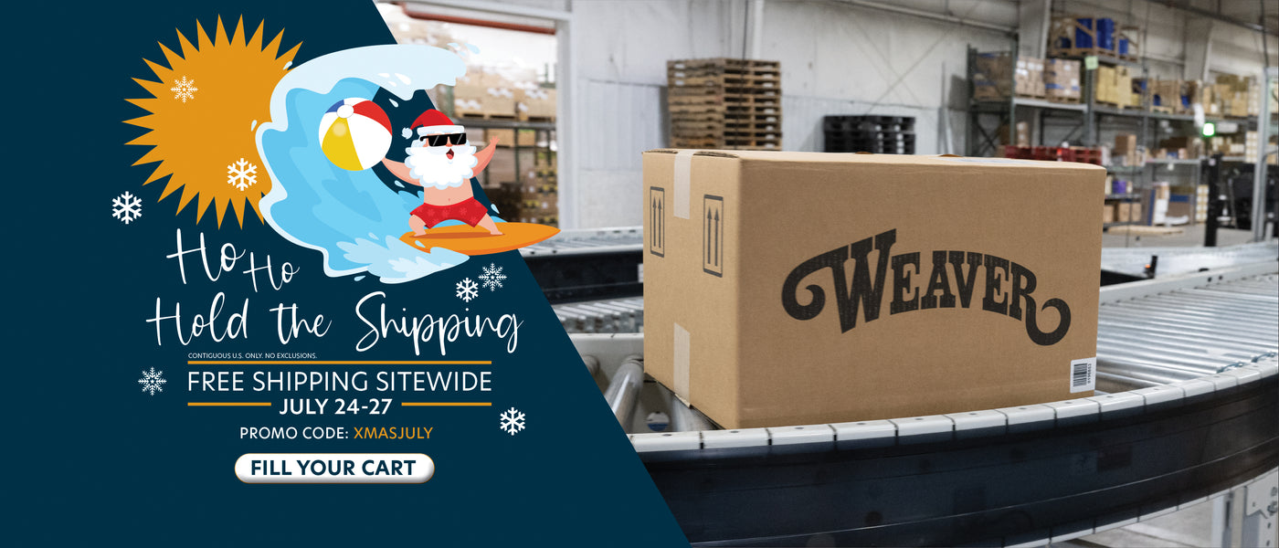 Weaver shipping box moving along a warehouse conveyor beside a festive Christmas-in-July illustration.
