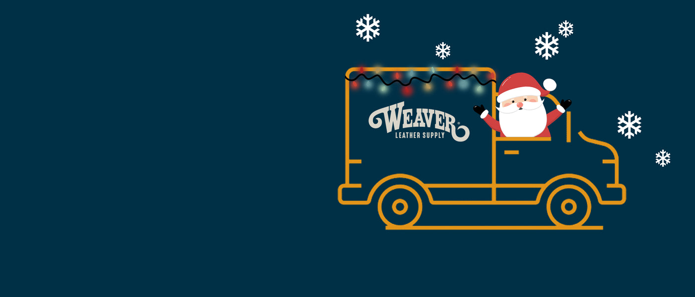 "Illustration of Santa Claus waving from the window of a Weaver Leather Supply delivery truck outlined in gold, with Christmas lights on top and snowflakes falling."