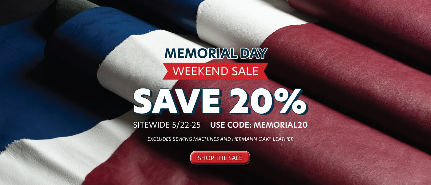 Memorial Day Weekend Sale banner with red, white and blue leather rolls, offering 20% off sitewide with code MEMORIAL20.