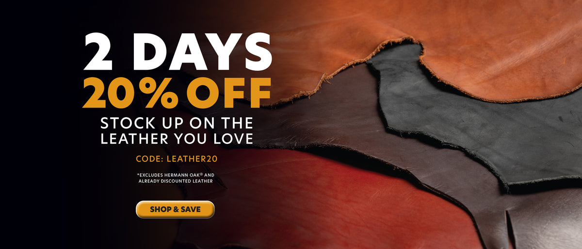 Two-day leather sale featuring stacked leather hides, 20% off with code LEATHER20; excludes Hermann Oak® and already discounted leather.