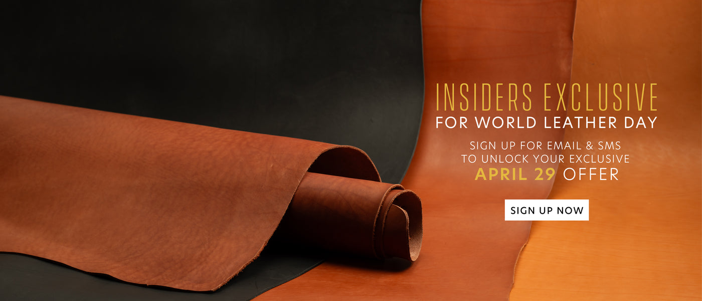 Brown leather roll with promotional text for World Leather Day on a dark background