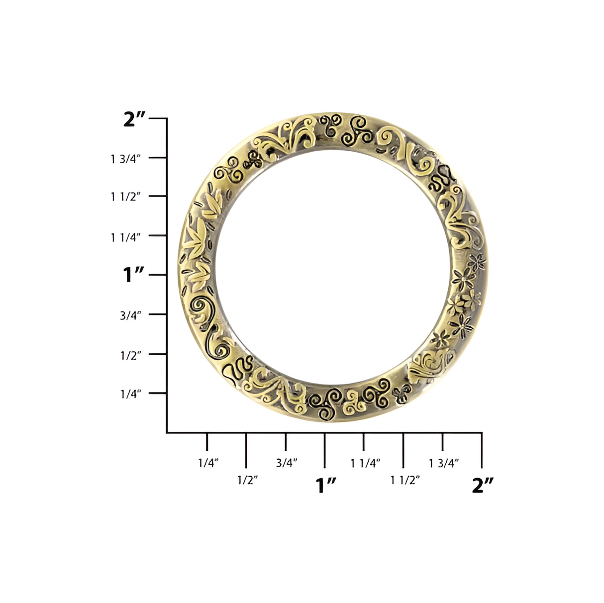 1 1/2" Embellished Antique Brass, Cast Flat Round Ring, Zinc Alloy