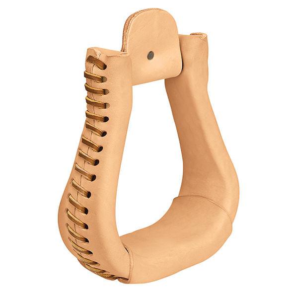 Natural Leather Covered Stirrups, Bell, 2-1/2" Neck